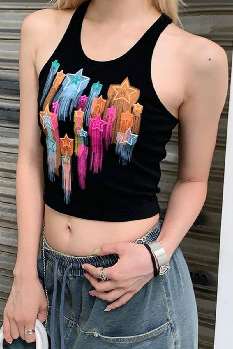 Crop Black Stretch Graffiti Flashing Colorful Print Tops