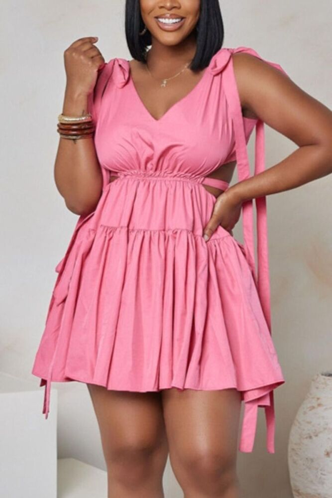 Size: 1XL Pink Non-Stretch Backless Lace-Up Mini Dress SKU: D01210