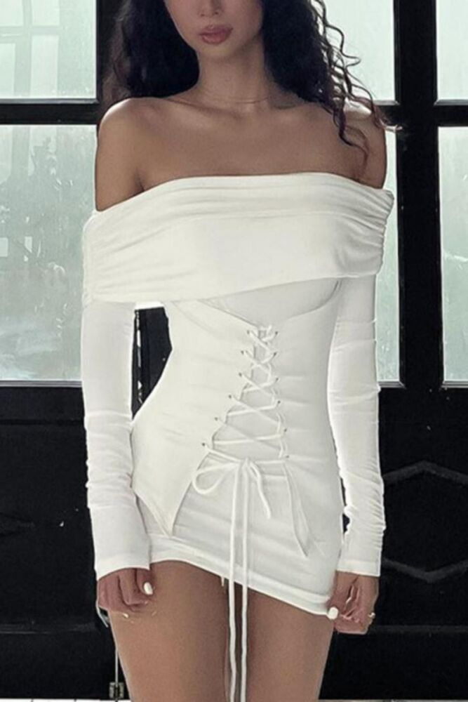 White Stretch Off Shoulder Eyelet Lace-Up Bodycon Dress
