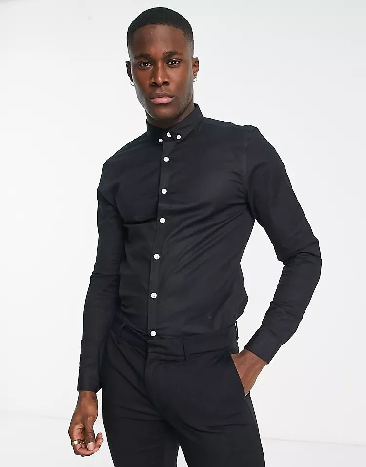 NL Black Long Sleeve Muscle Fit Oxford Shirt SKU: 198074
