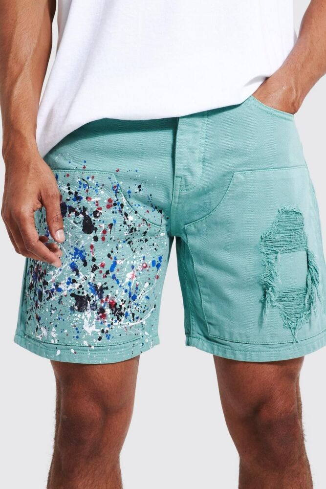 Mint Green Color Splash Relaxed Fit Shorts