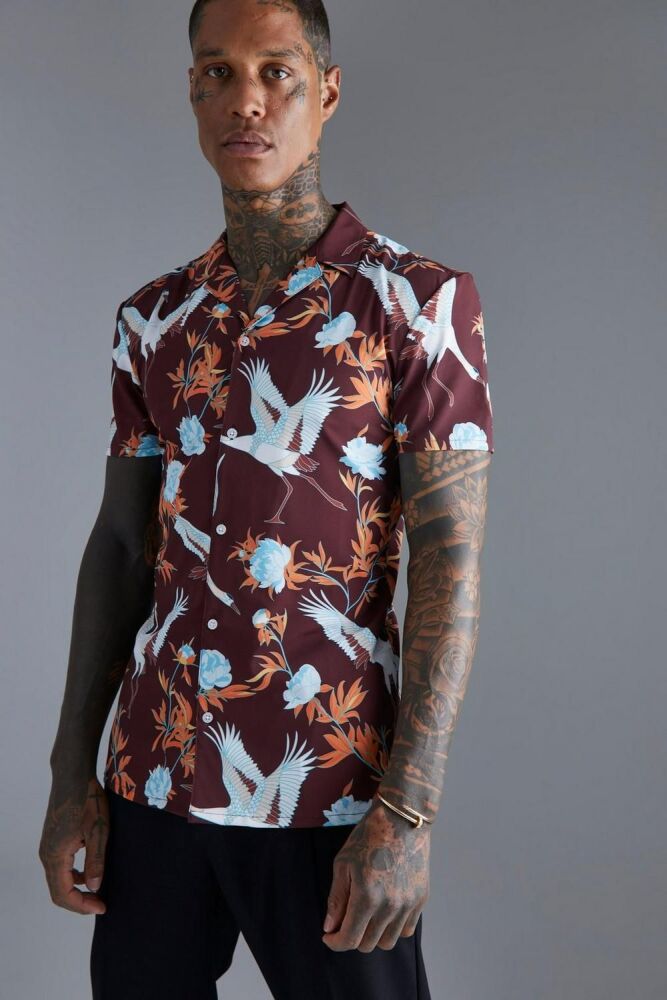Size: XS Floral Bird Print Short Sleeve Muscle Shirt