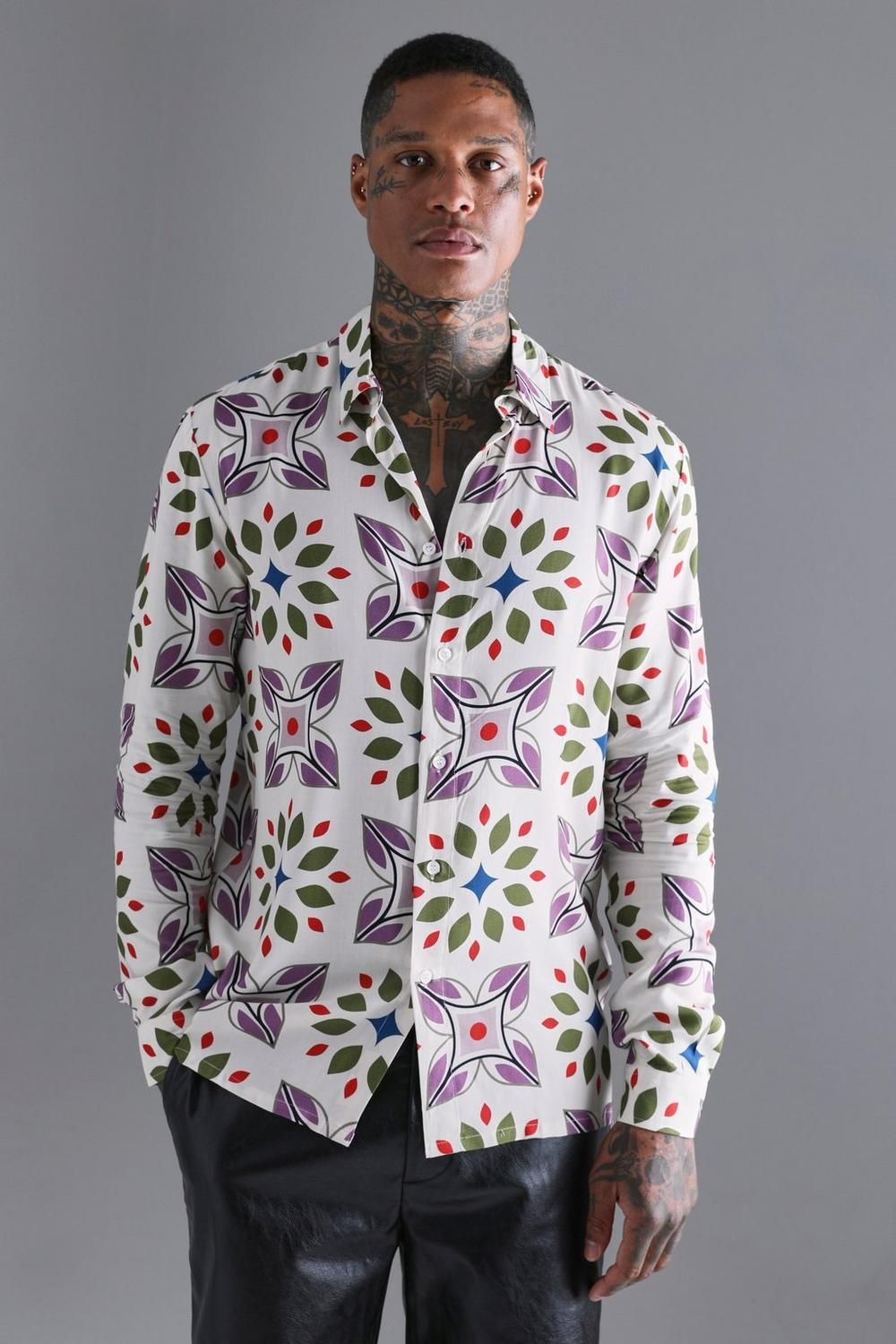 Size: L Long Sleeve Mini Flowers Print Non-Stretch Shirt