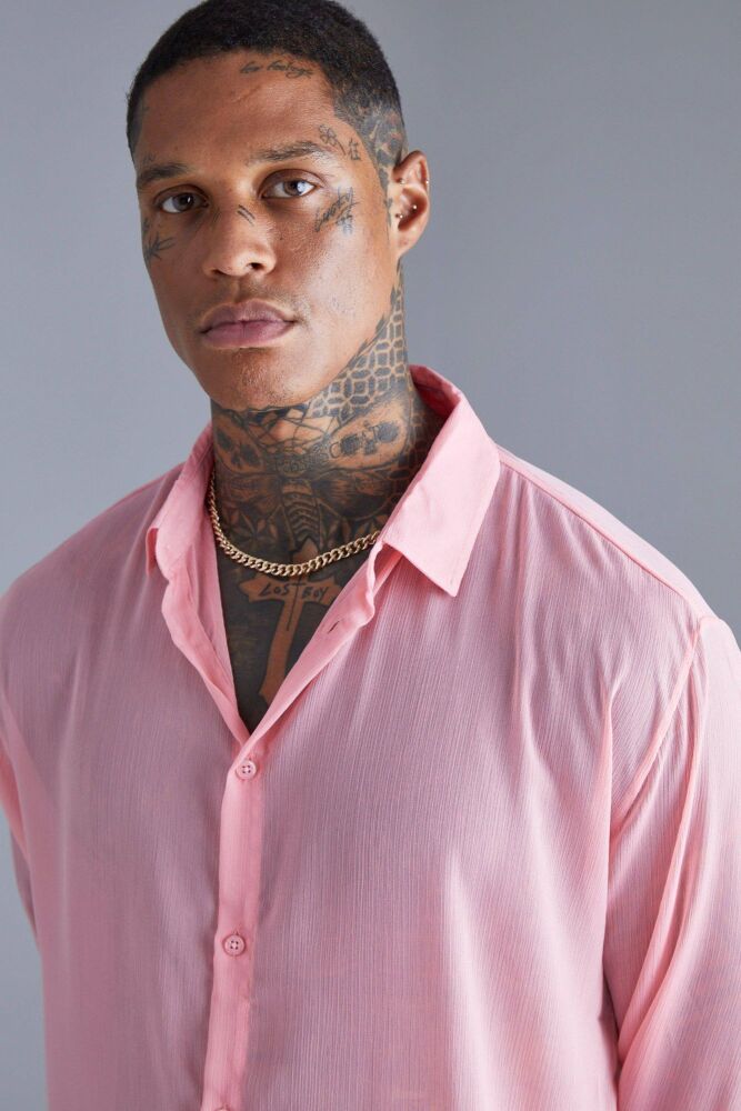 Pink Long Sleeve Oversized Chiffon Shirt