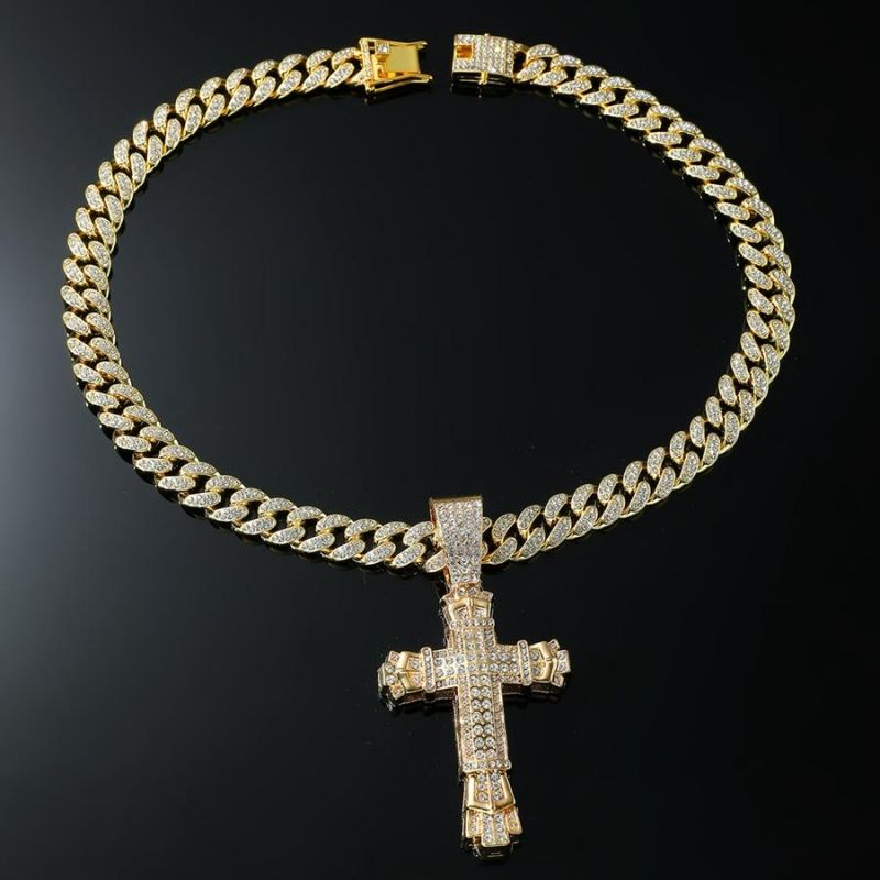 Gold Full Rhinestones Cross Pendant Necklace (Length: 20Inch) SKU: 864633
