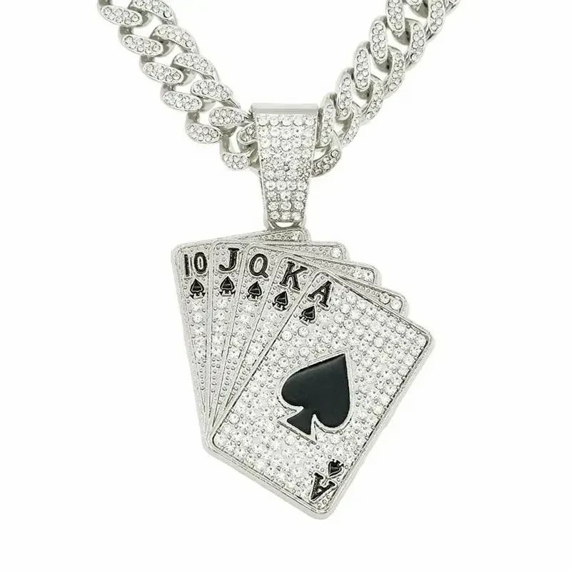 Silver Rhinestones Playing Cards Pendant Necklace (Length: 50cm)