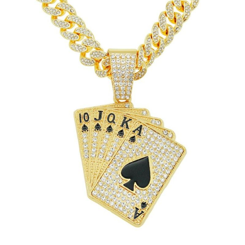 Silver Rhinestones Playing Cards Pendant Necklace (Length: 20