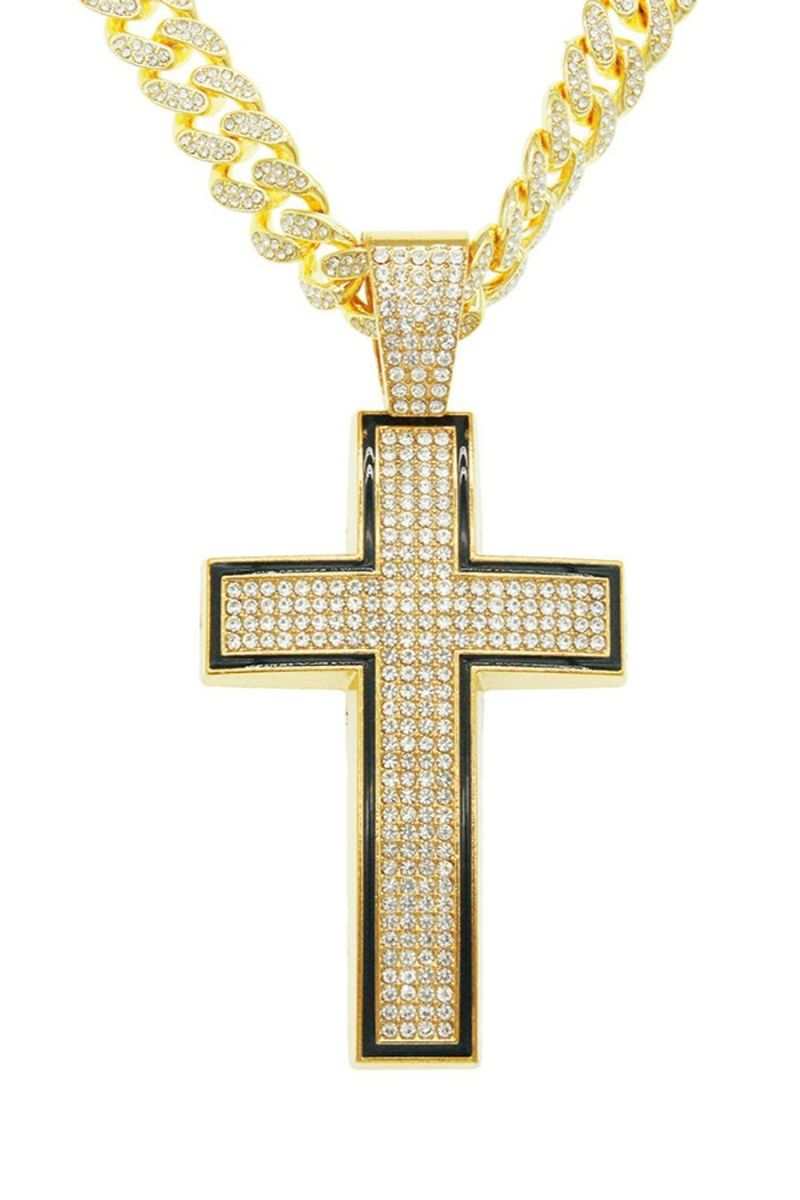 Gold Rhinestones Hip Hop Cross Pendant Necklace