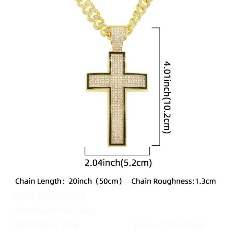 Gold Rhinestones Hip Hop Cross Pendant Necklace (Length: 20Inch) SKU: 805642
