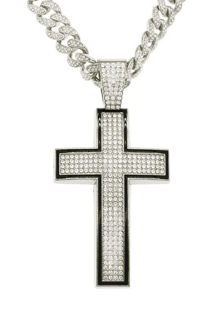Silver Rhinestones Hip Hop Cross Pendant Necklace (Length: 20Inch) SKU: 905642