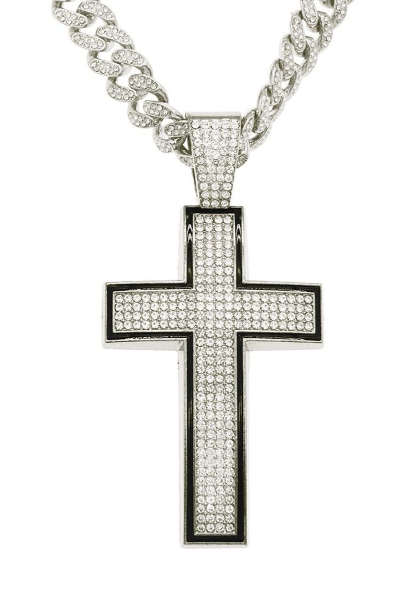 Silver Rhinestones Hip Hop Cross Pendant Necklace