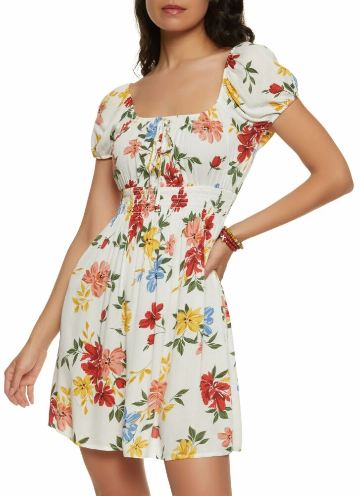 Size: M Floral Print Smocked Waist Dress SKU: B09805