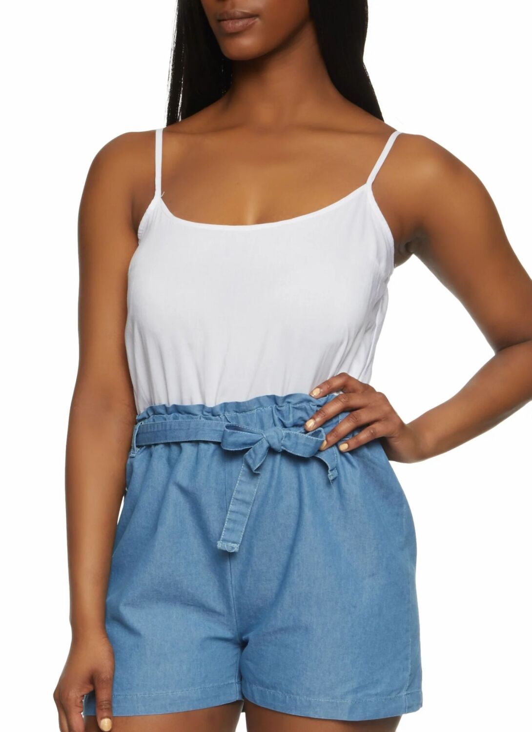 Size: L Light Wash Denim Paperbag Waist Cami Romper