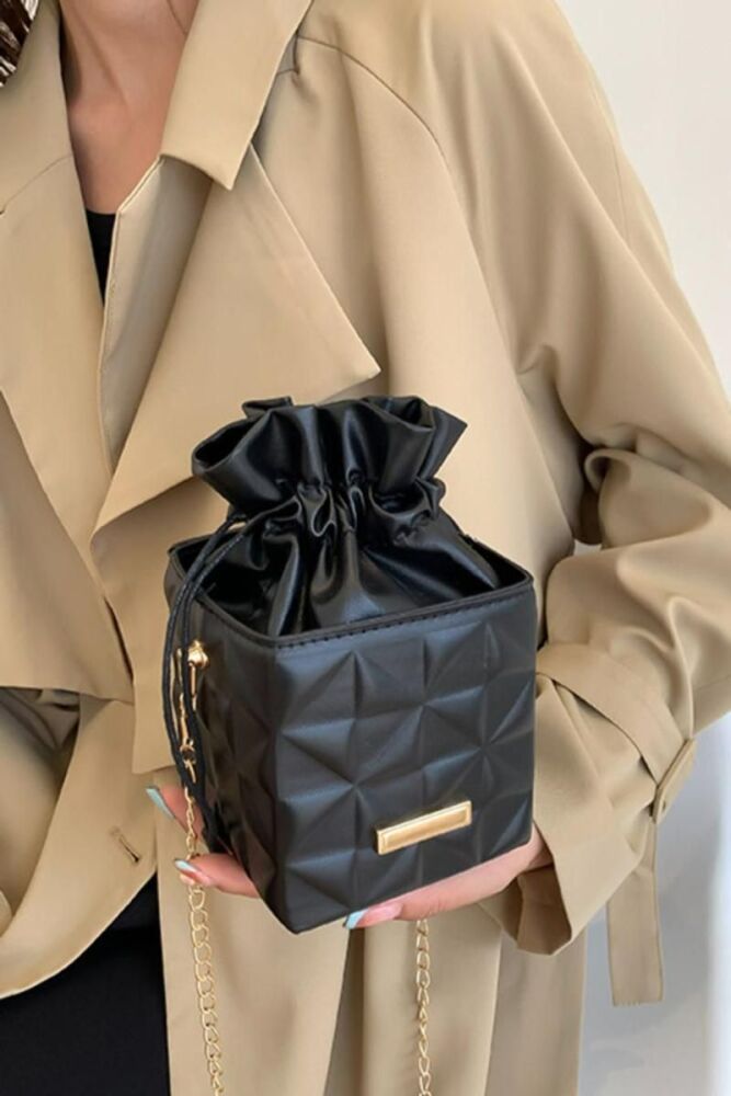 Black Pu Leather Box Shape Drawstring Shoulder Bag
