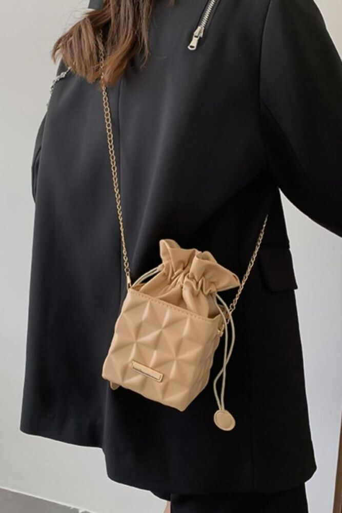 Khaki Pu Leather Box Shape Drawstring Shoulder Bag