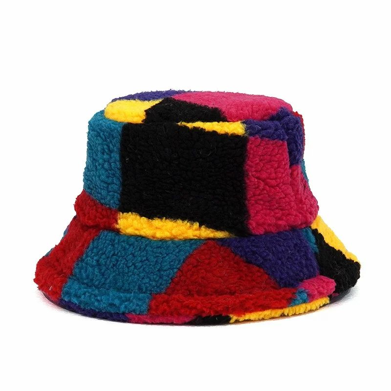Color Block Soft Warm Faux Fur Plaid Bucket Hat