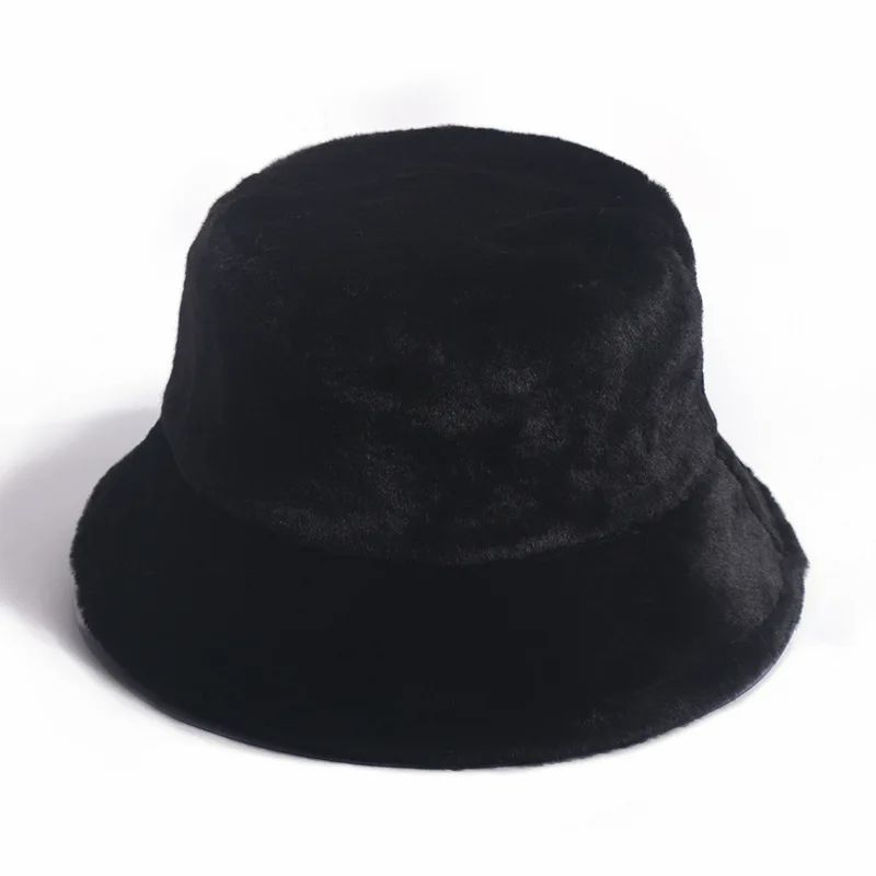Black Block Soft Warm Faux Fur Plaid Bucket Hat