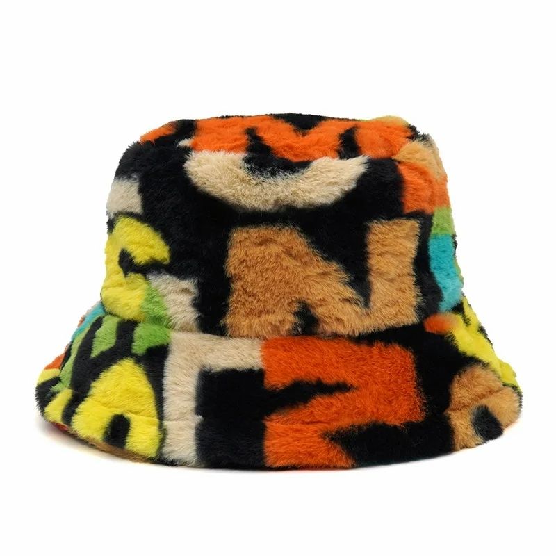 Multi Color Letter Printed Faux Fur Bucket Hat