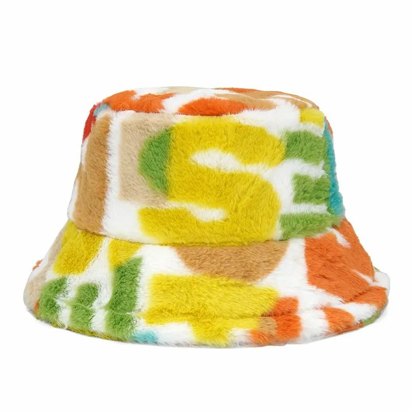 Multi Color Letter Print Soft Warm Faux Fur Bucket Hat
