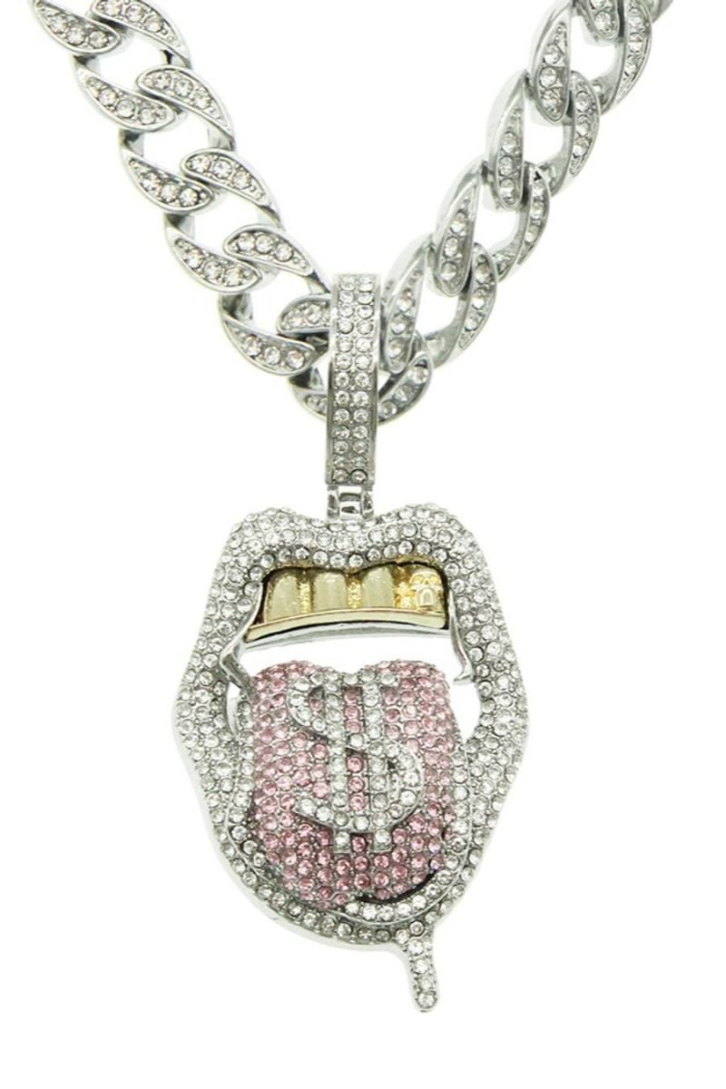 Silver Rhinestones Pink Dollars/Tongue Pendant Necklace