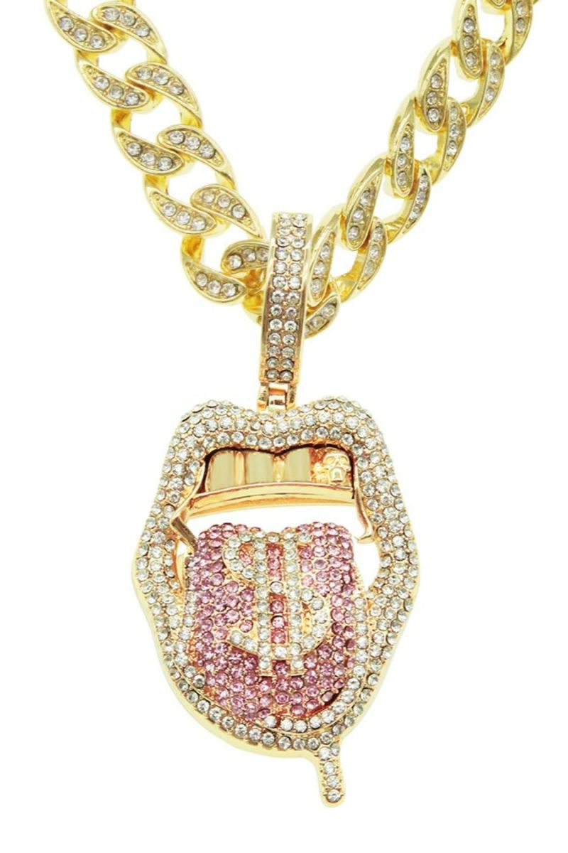 Gold Rhinestones Pink Dollars/Tongue Pendant Necklace SKU: 789510