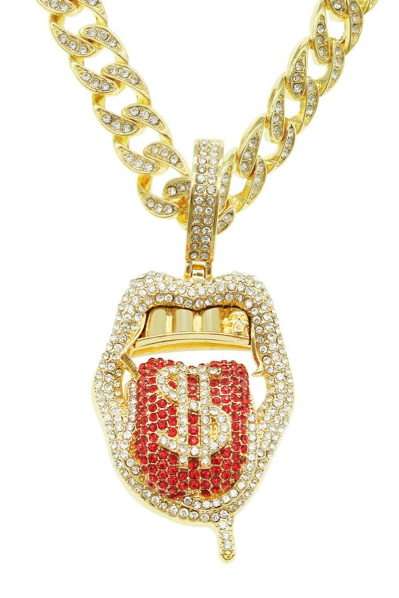 Gold Rhinestones Red Dollars/Tongue Pendant Necklace SKU: 143510