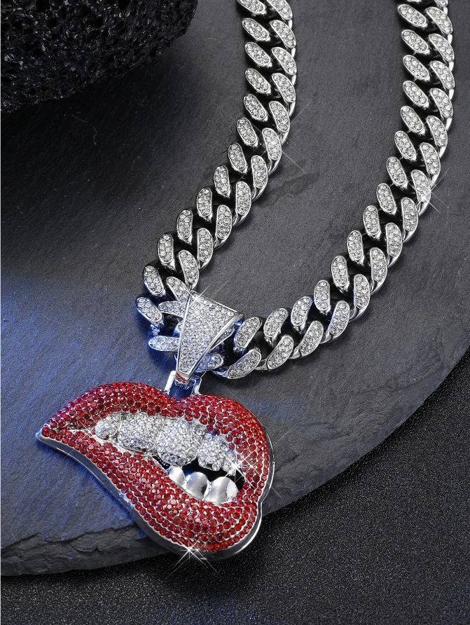 Silver Red Biting Lips Iced Out Necklace Set SKU: 879034