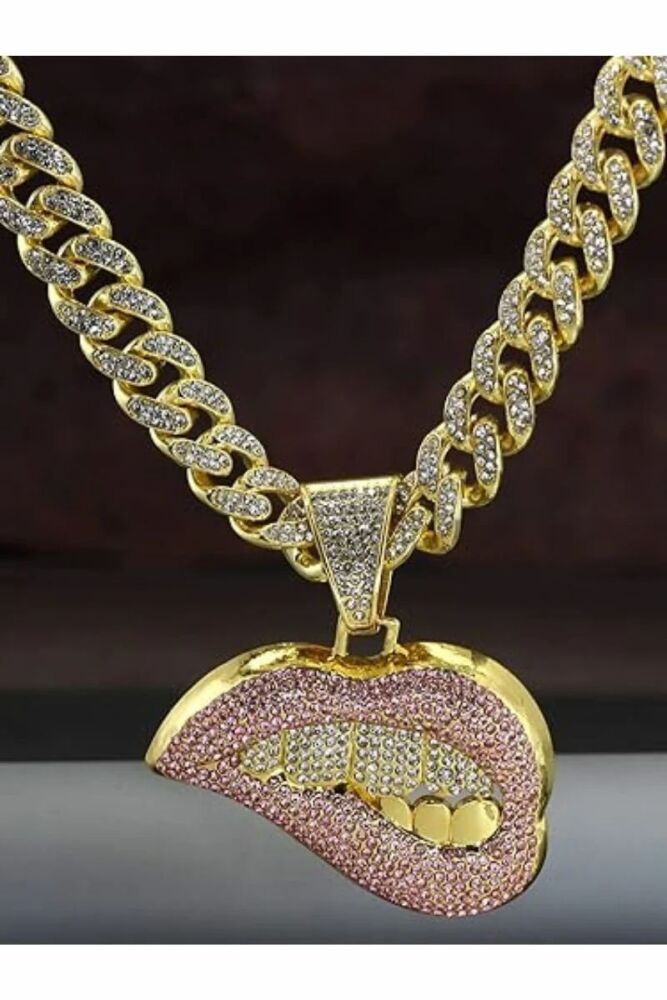 Gold Pink Biting Lips Iced Out Necklace Set SKU: 119034