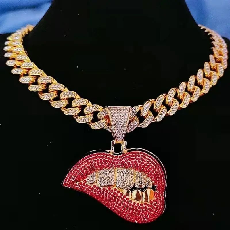Gold Red Biting Lips Iced Out Necklace Set SKU: 279021