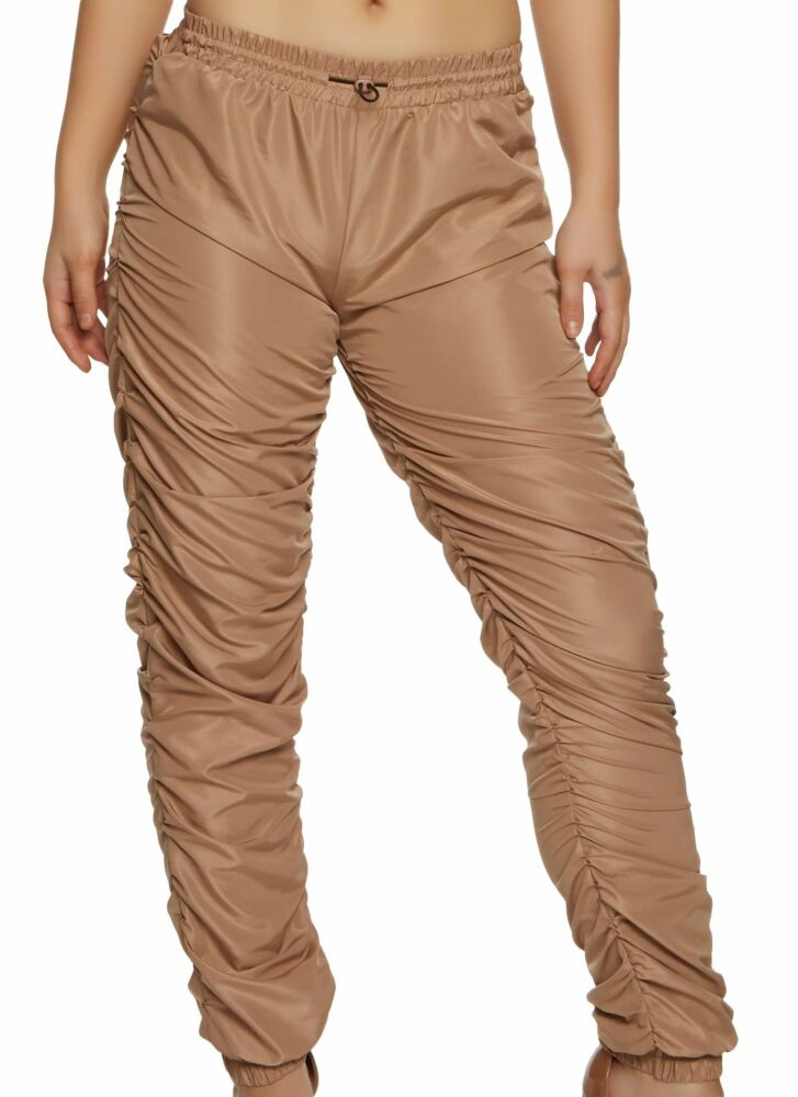 Beige High Waisted Nylon Stacked Joggers Size: ML