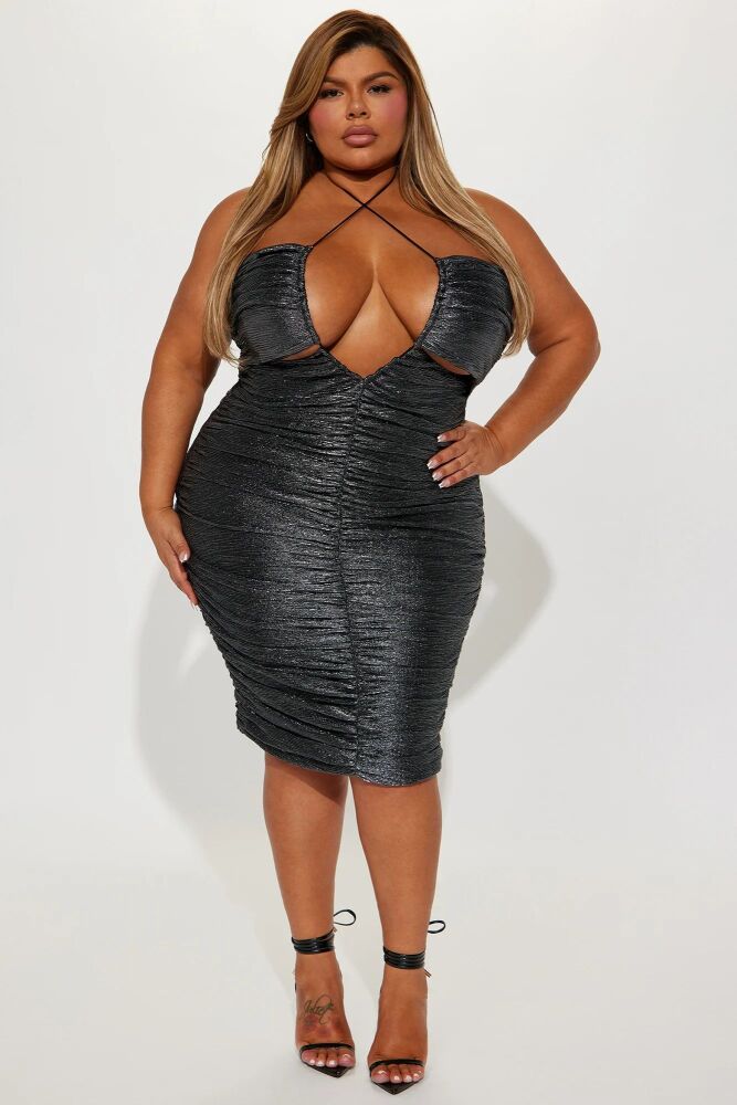 Size: 1XL Metallic Silver/Black Halter Bungee Strap Mini Dress SKU: D07807