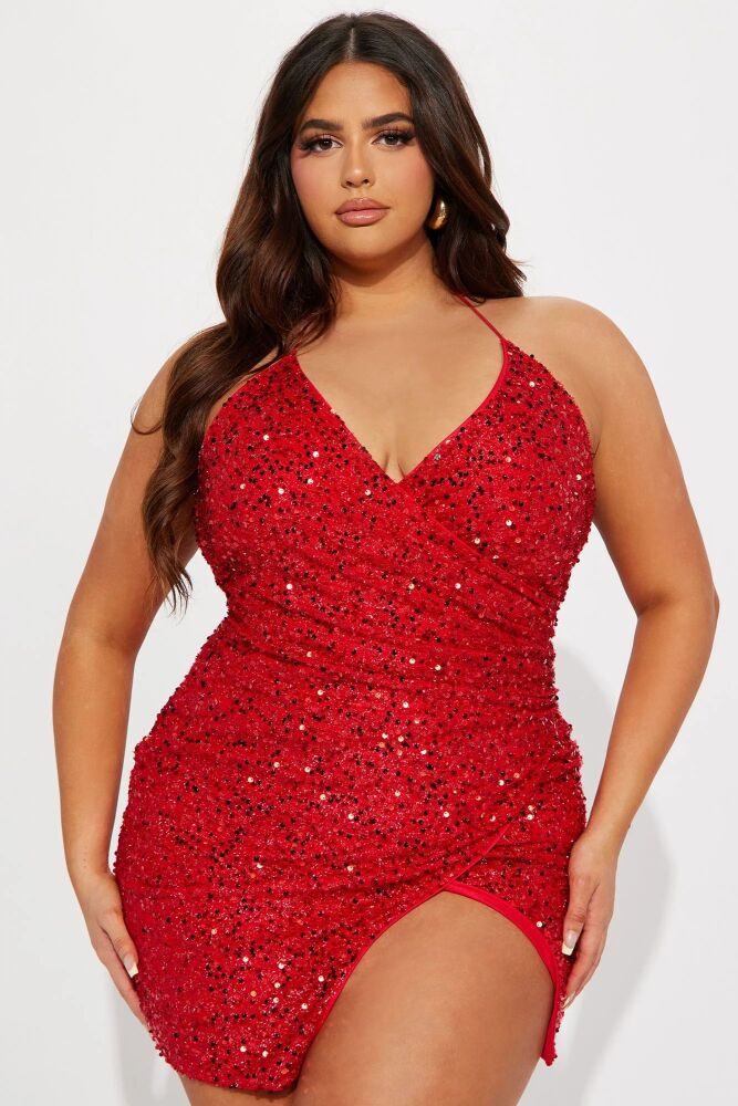 Size: 1XL Red Sequin High Front Slit Mini Dress SKU: D09843