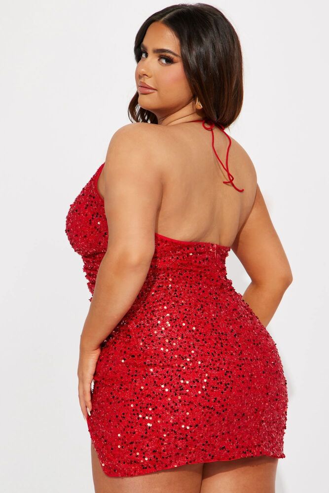 Size: 1XL Red Sequin High Front Slit Mini Dress SKU: D09843
