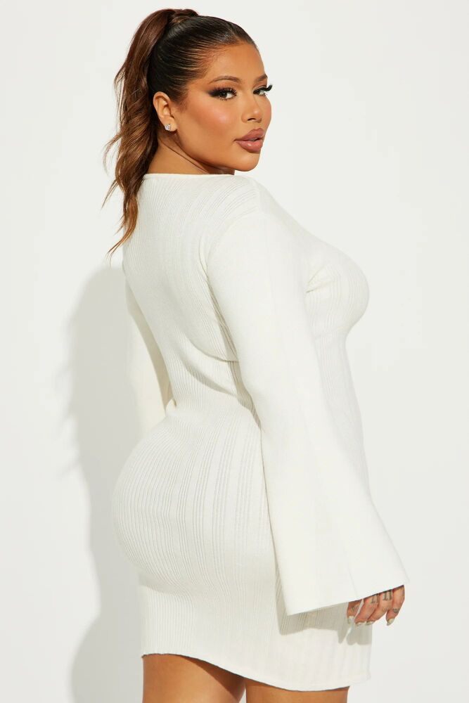 Cream White Long Sleeve Sweater Mini Dress