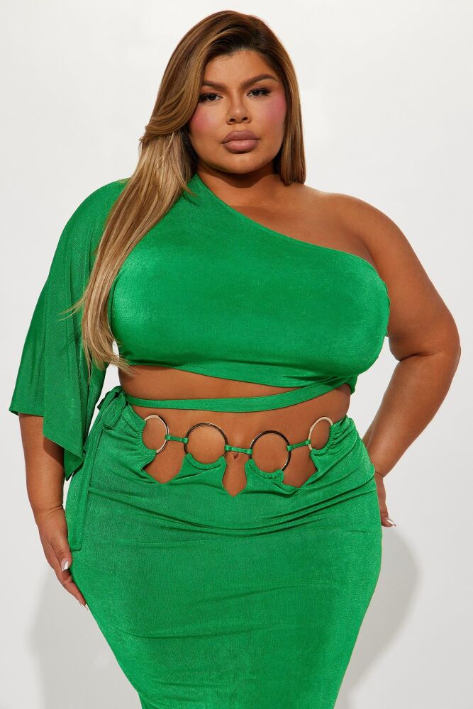 Size: 3XL Green Slinky Side Tie Detail Skirt Set