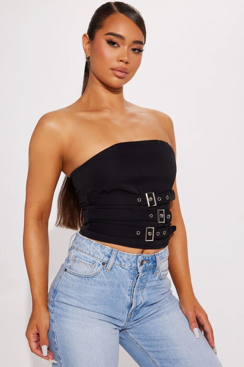 Black Non-Stretch Belted Detail Tube Top