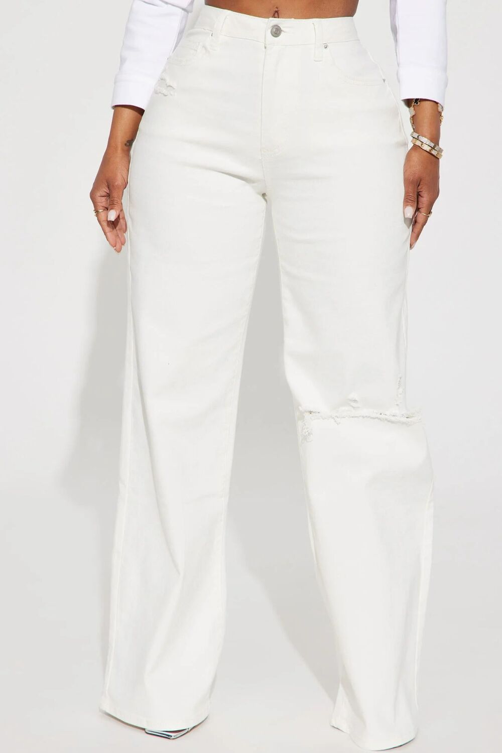 White Wide Leg Stretch Ripped Knee Jeans