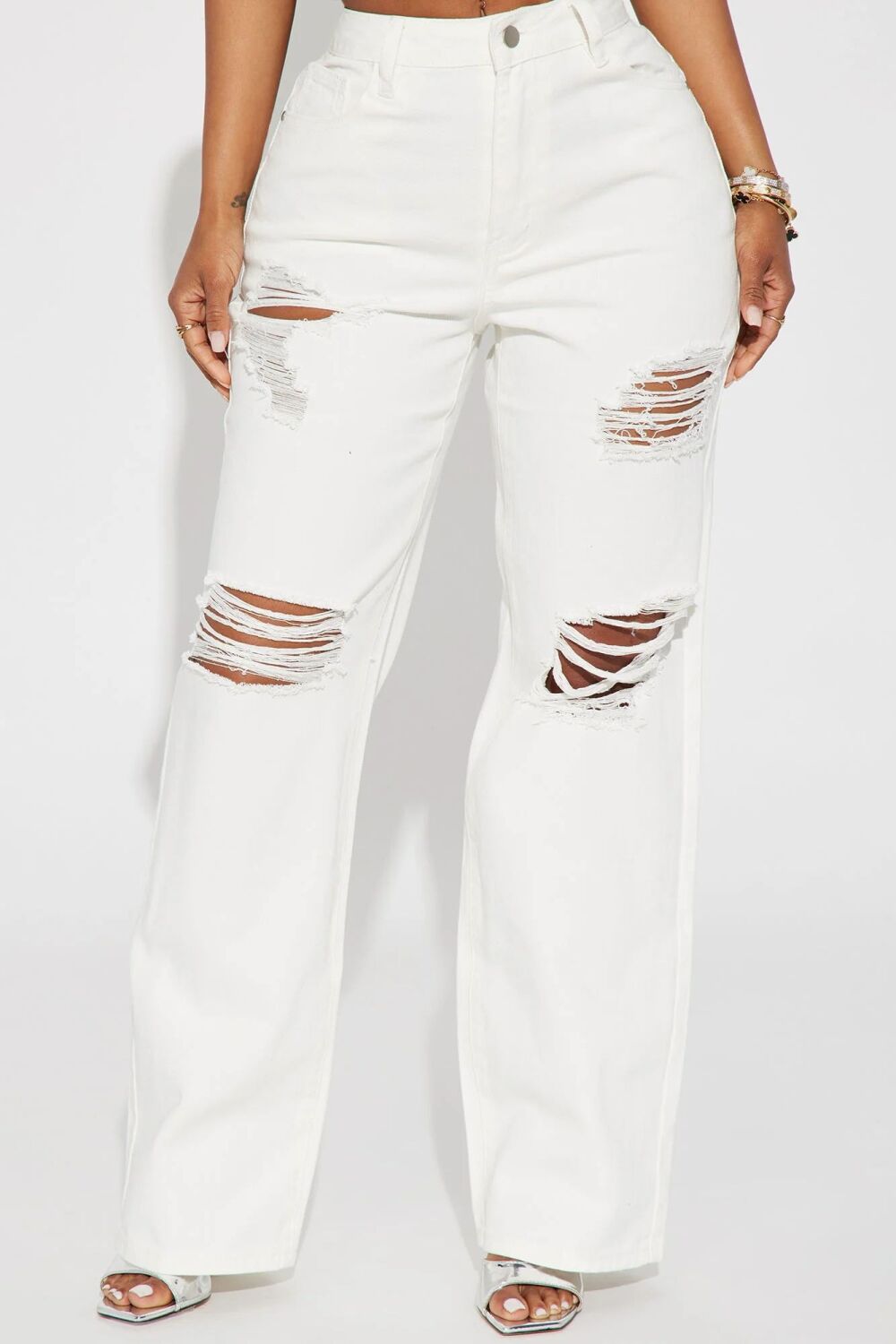 White Non-Stretch Ripped Straight Leg Jean
