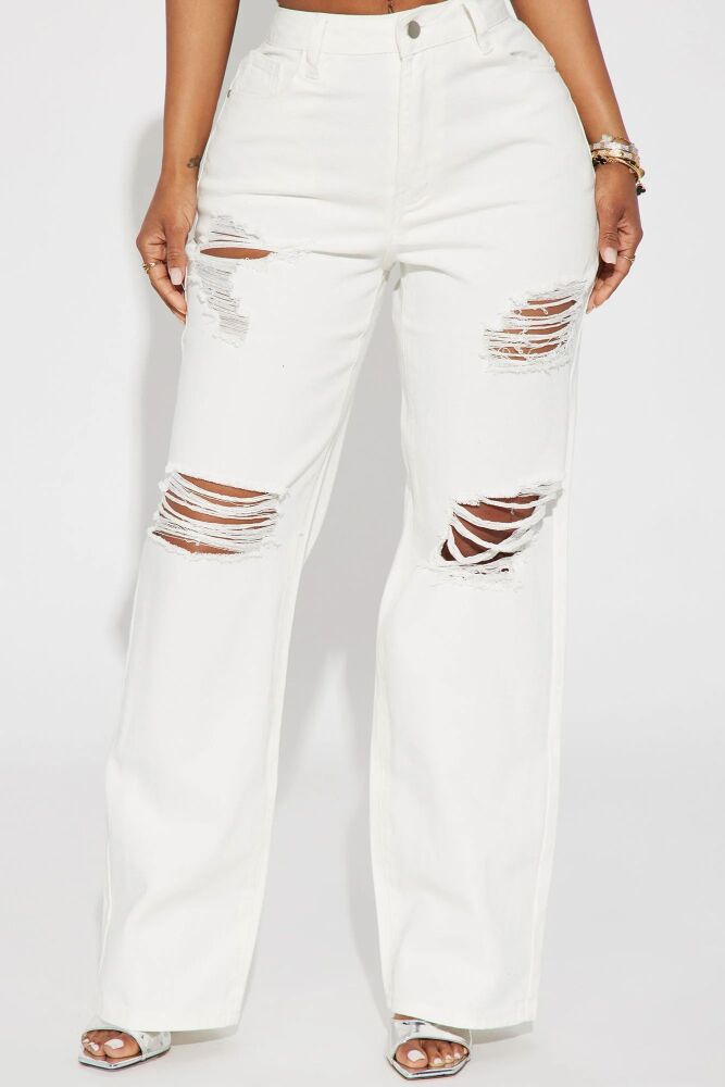 White Non-Stretch Ripped Straight Leg Jean