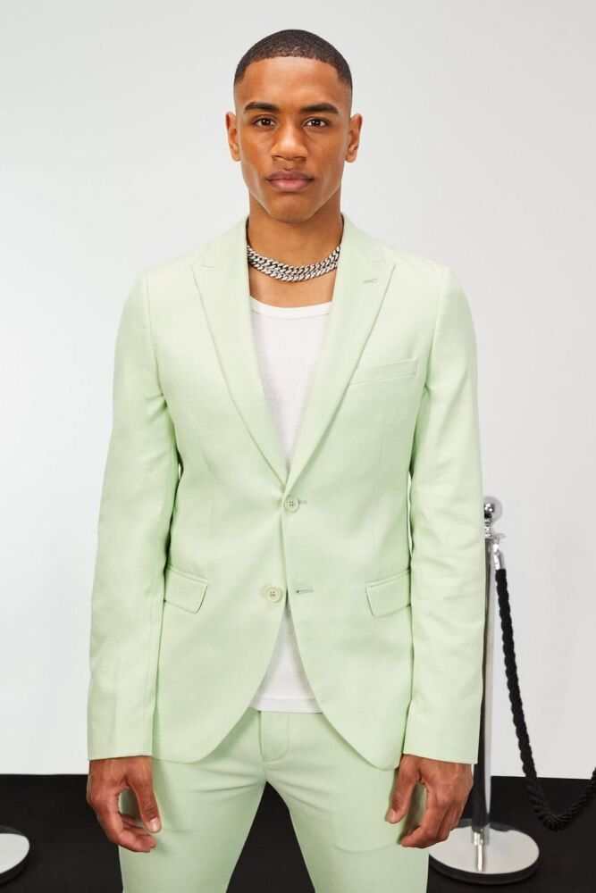 Light Green Skinny Fit Linen Suit Jacket SKU#BLA041