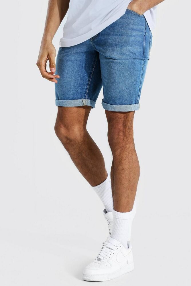 Size: 30R Mid Blue Slim Rigid Fit Jean Shorts