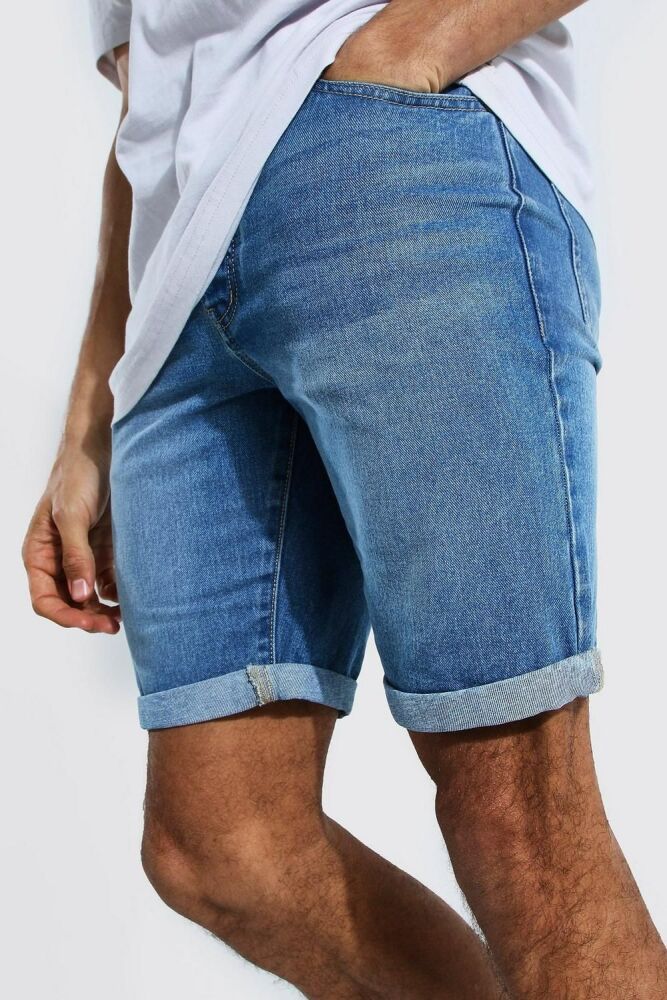 Size: 30R Mid Blue Slim Rigid Fit Jean Shorts