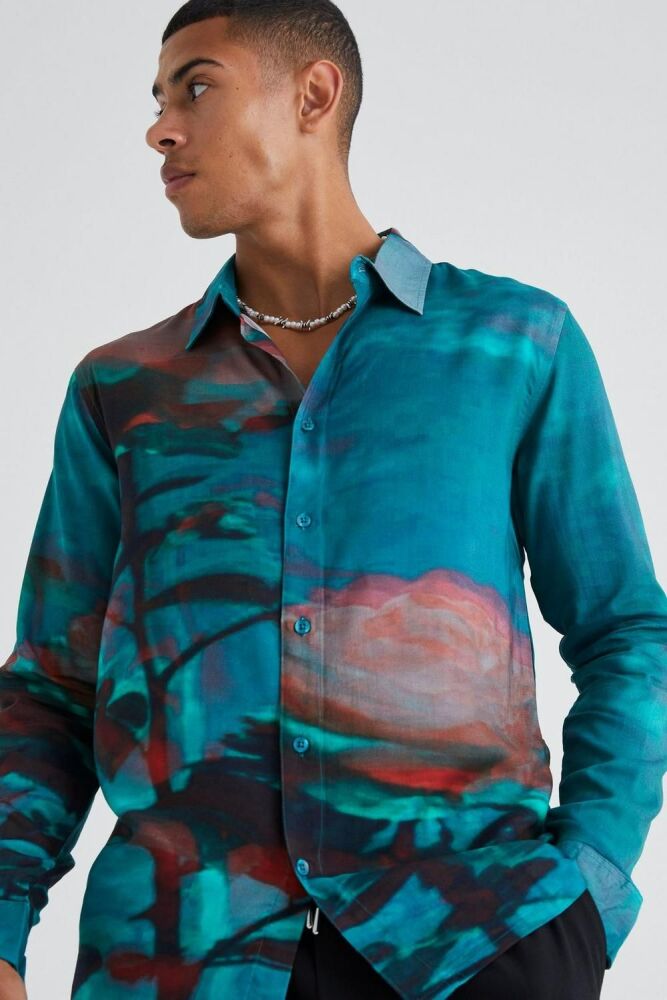 Size: L Long Sleeve Viscose Abstract Floral Shirt