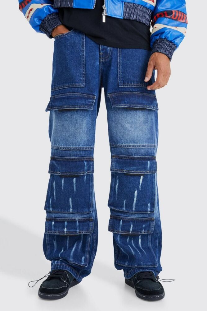 Size: 28R Mid Blue Baggy Rigid Multi Pocket Cargo Jeans