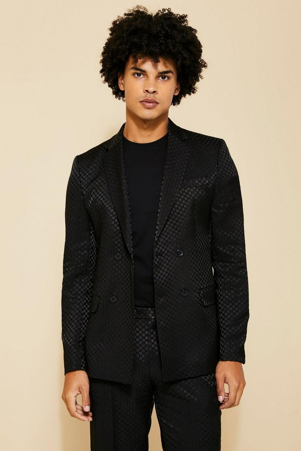 COMING SOON! Size: 36-S Black Slim Fit Double Breasted Jacquard Print Suit 