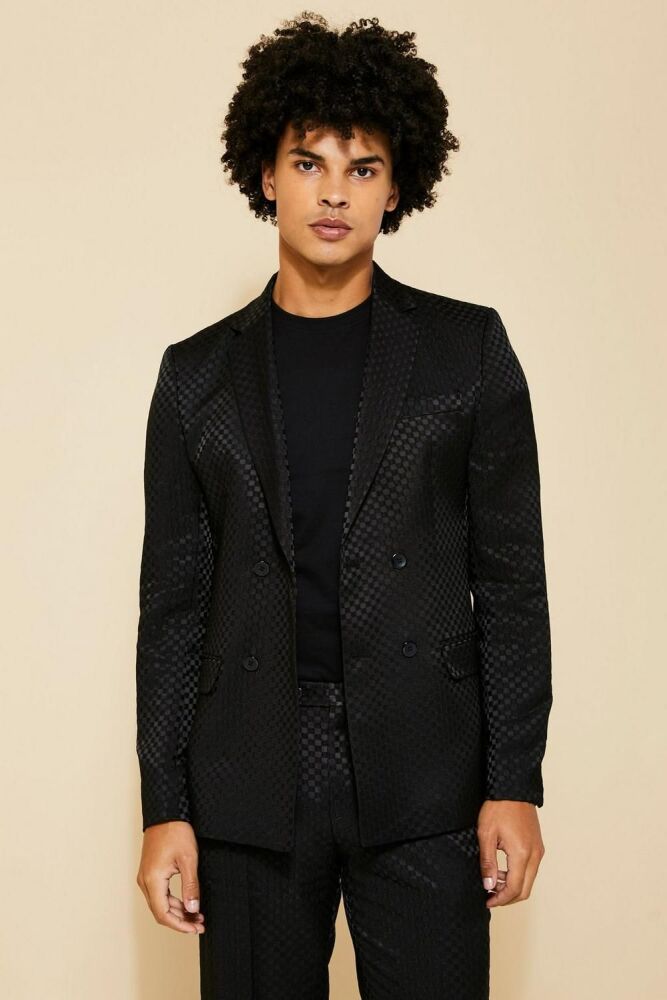 Size: 36-S Black Slim Fit Double Breasted Jacquard Print Suit Jacket