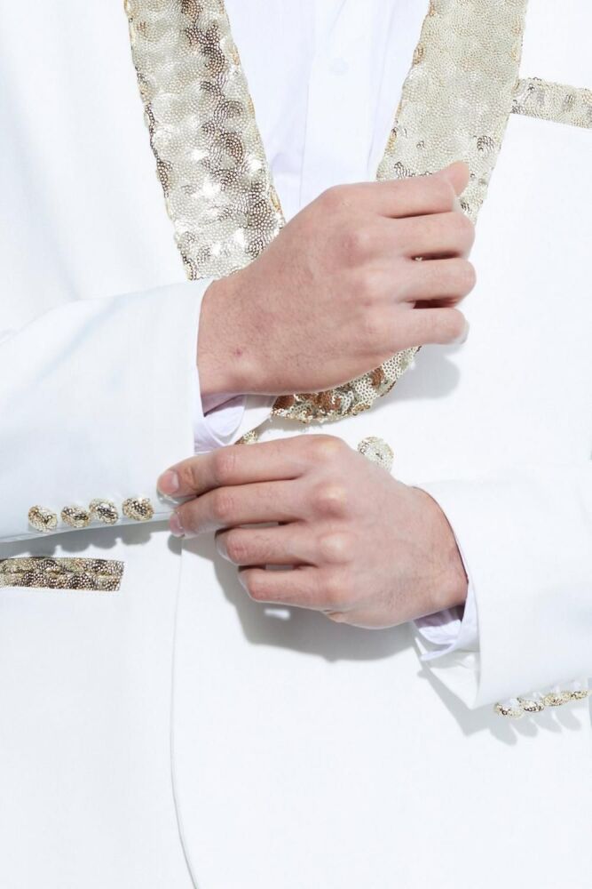 Size: 36-M White Slim Fit Contrast Sequin Suit Jacket