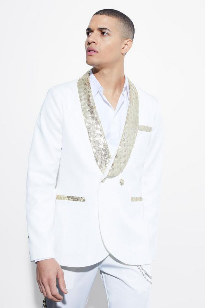 Size: 36-M White Slim Fit Contrast Sequin Suit Jacket