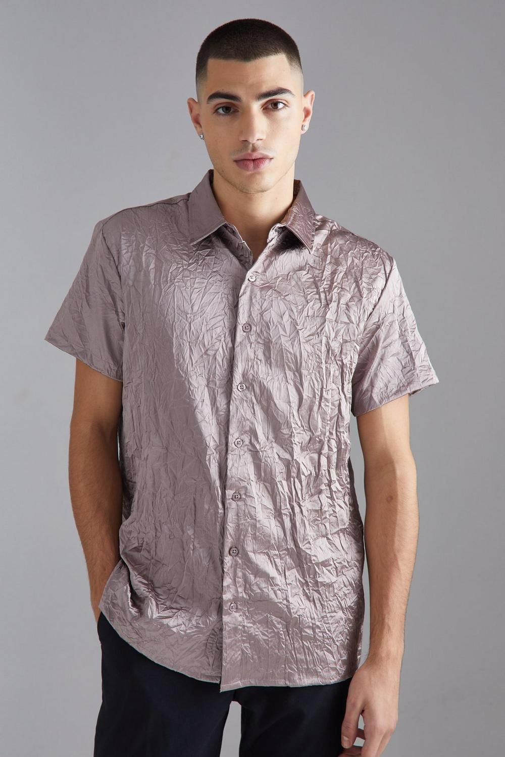 COMING SOON! Size: L Short Sleeve Crinkle Satin Sheen Shirt