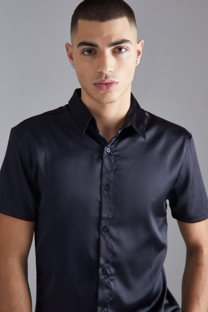 Size: L Black Short Sleeve Muscle Fit Stretch Satin Shirt